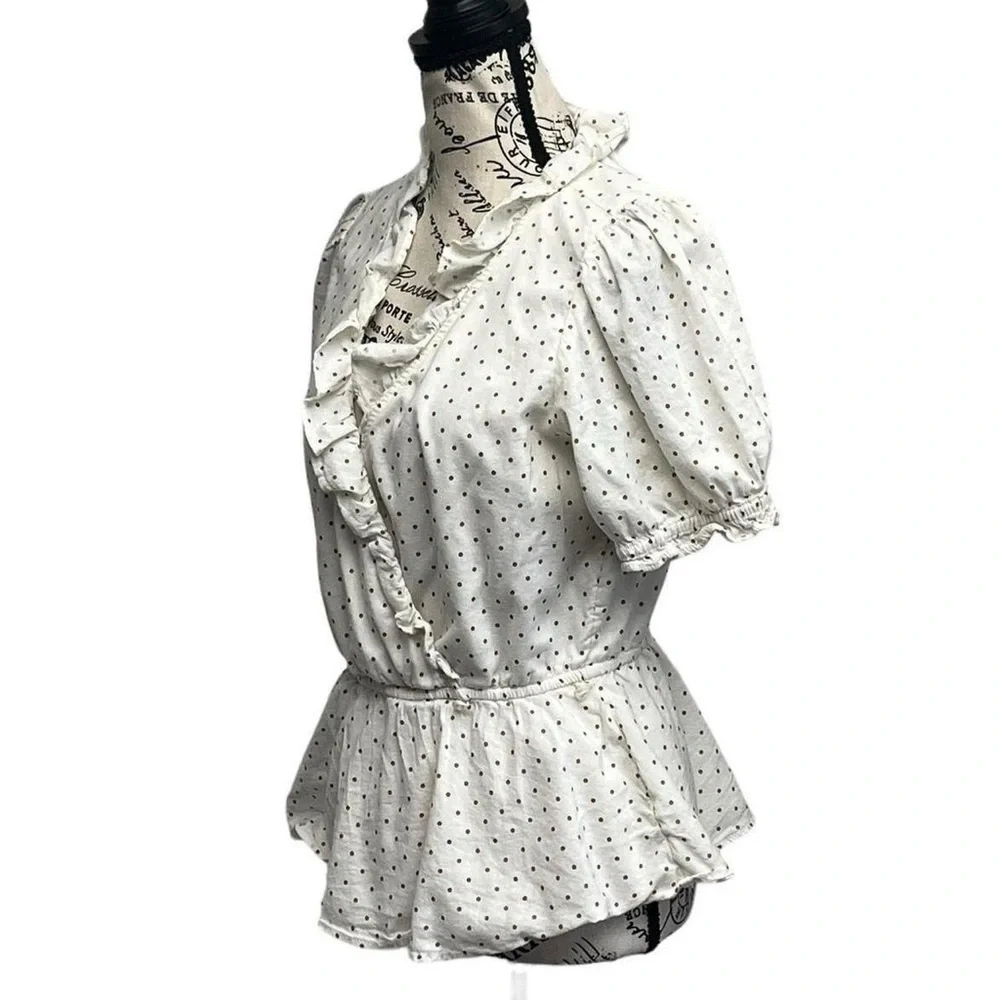 LC Lauren Conrad Cream Polka Dot Ruffle Wrap Blouse - Picture 3 of 9